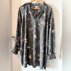 Floral Print Mini Dress/Long Blouse with Ruffled Collar